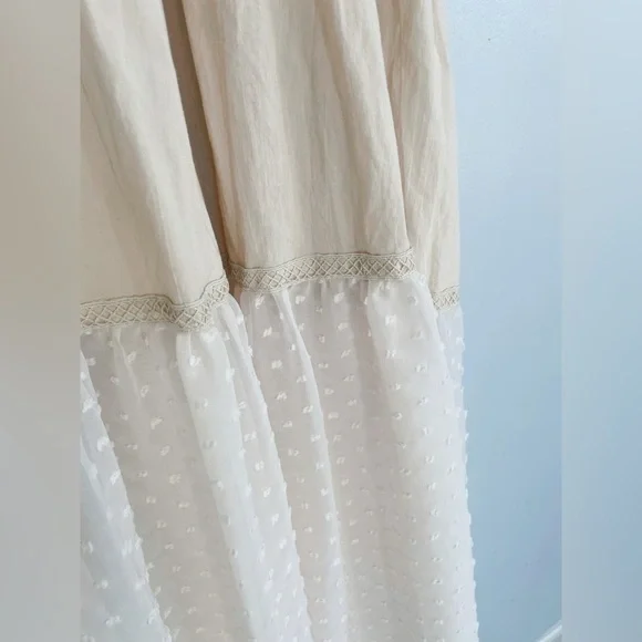 Prairie Cottagecore Tiered Overall Dress Beige Lace Trim Adjustable Straps M/L - Picture 4 of 8